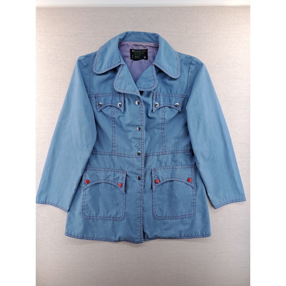 Vtg JC Penney Rain Coat Women 14 Light Blue Water Repellent Jacket Western